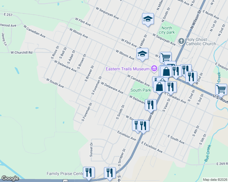 map of restaurants, bars, coffee shops, grocery stores, and more near 243 South Gunter Street in Vinita