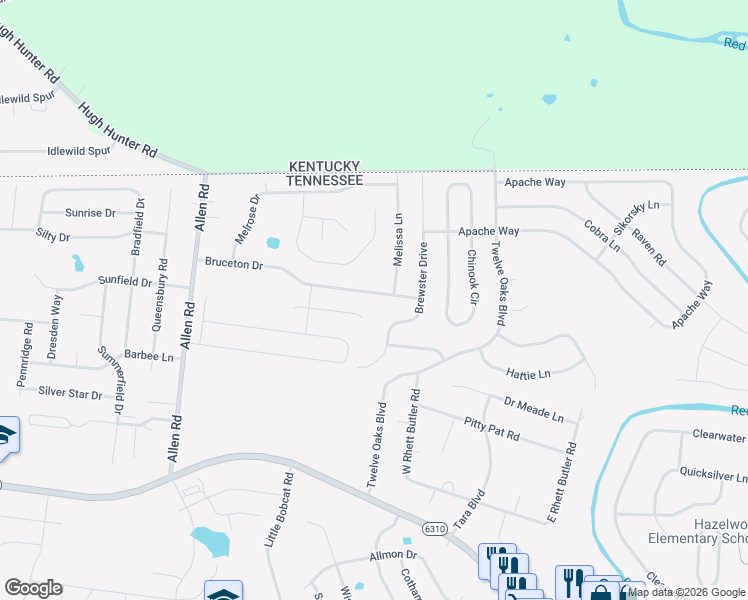 map of restaurants, bars, coffee shops, grocery stores, and more near 1441 Bruceton Drive in Clarksville