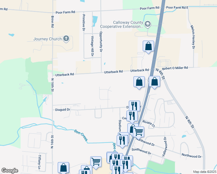 map of restaurants, bars, coffee shops, grocery stores, and more near 1799 Bourland Lane in Murray