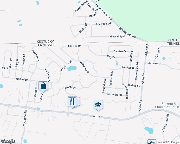 map of restaurants, bars, coffee shops, grocery stores, and more near 1297 Archwood Drive in Clarksville