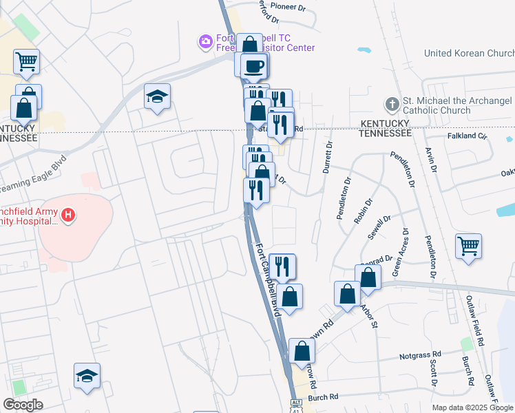 map of restaurants, bars, coffee shops, grocery stores, and more near 3324 Fort Campbell Boulevard in Clarksville