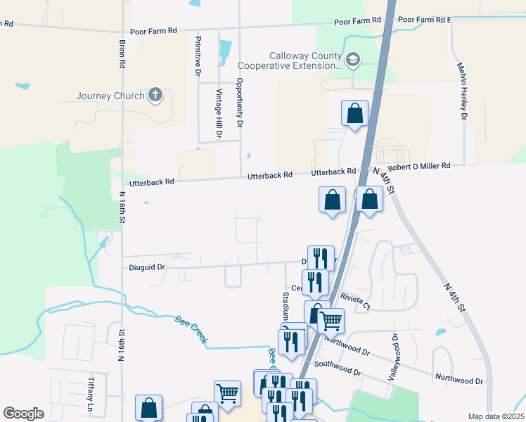 map of restaurants, bars, coffee shops, grocery stores, and more near 1799 Bourland Lane in Murray
