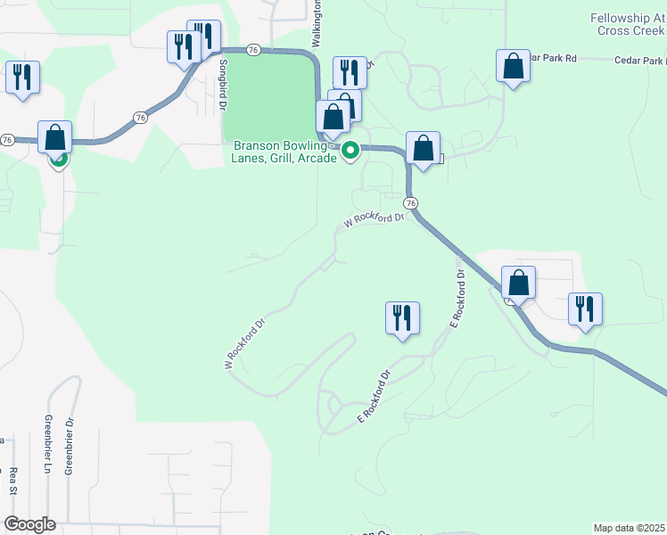map of restaurants, bars, coffee shops, grocery stores, and more near 192 West Rockford Drive in Branson