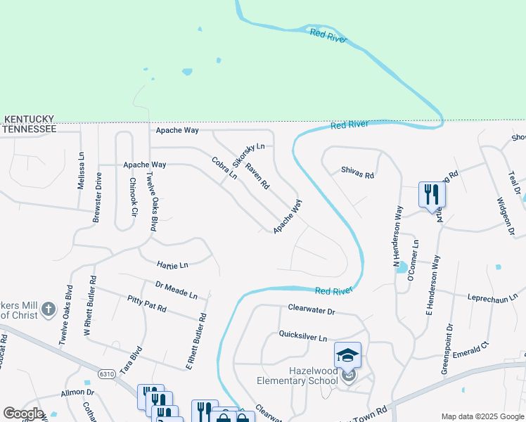 map of restaurants, bars, coffee shops, grocery stores, and more near 1578 Cobra Lane in Clarksville