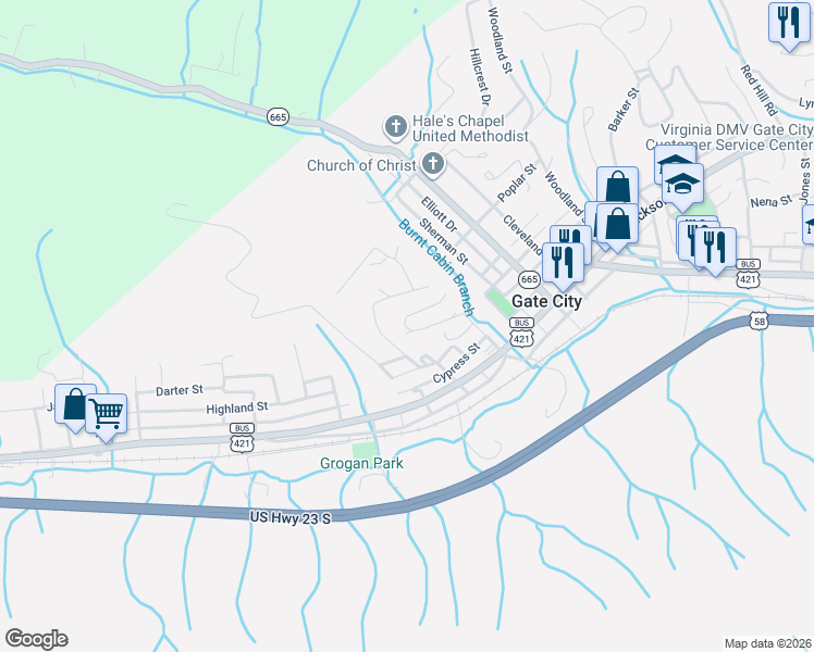map of restaurants, bars, coffee shops, grocery stores, and more near E Highland St in Gate City