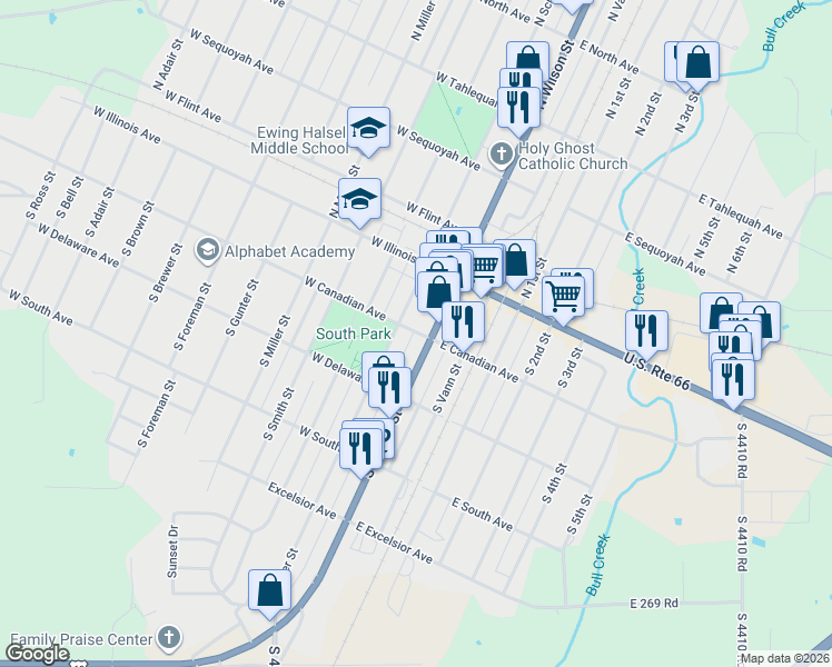 map of restaurants, bars, coffee shops, grocery stores, and more near in Vinita