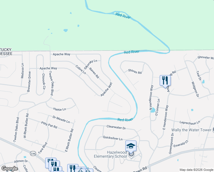 map of restaurants, bars, coffee shops, grocery stores, and more near 1672 Apache Way in Clarksville