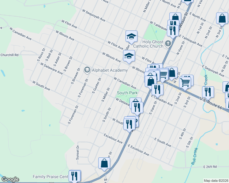map of restaurants, bars, coffee shops, grocery stores, and more near 201-299 South Smith Street in Vinita
