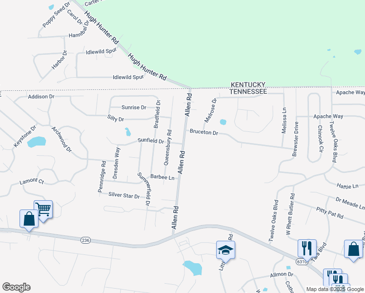 map of restaurants, bars, coffee shops, grocery stores, and more near 3410 Sunfield Drive in Clarksville