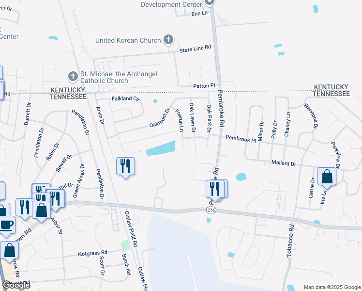 map of restaurants, bars, coffee shops, grocery stores, and more near 3416 Foxrun Lane in Clarksville