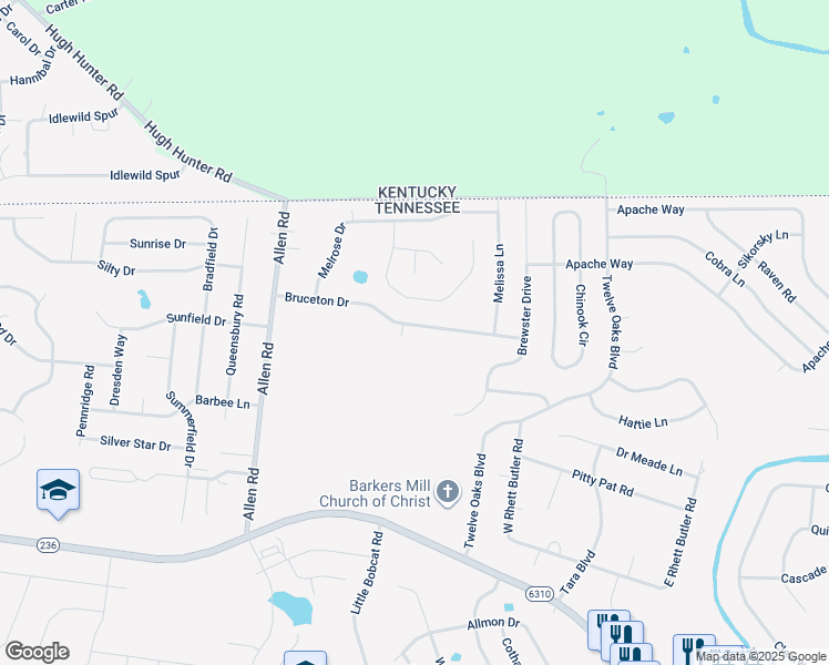 map of restaurants, bars, coffee shops, grocery stores, and more near 1414 Bruceton Drive in Clarksville