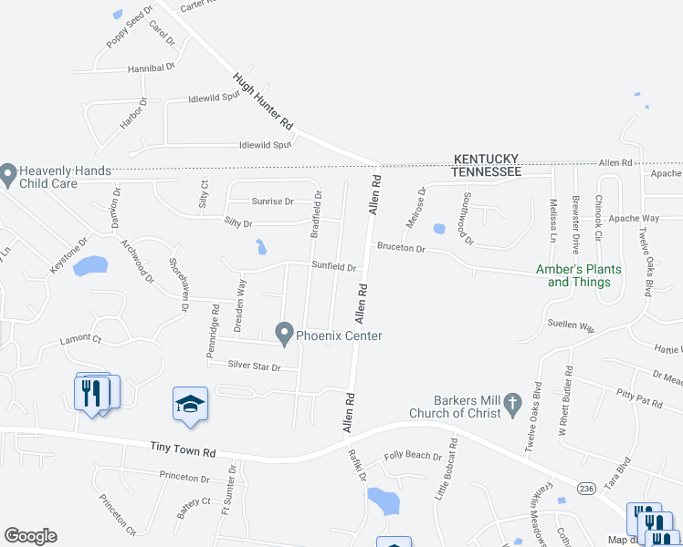 map of restaurants, bars, coffee shops, grocery stores, and more near 3407 Queensbury Road in Clarksville