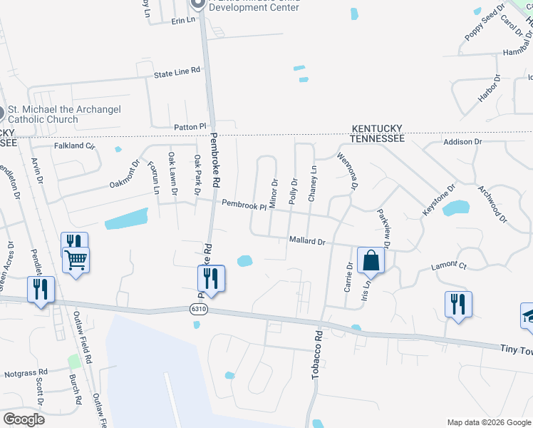 map of restaurants, bars, coffee shops, grocery stores, and more near 3398 Minor Drive in Clarksville
