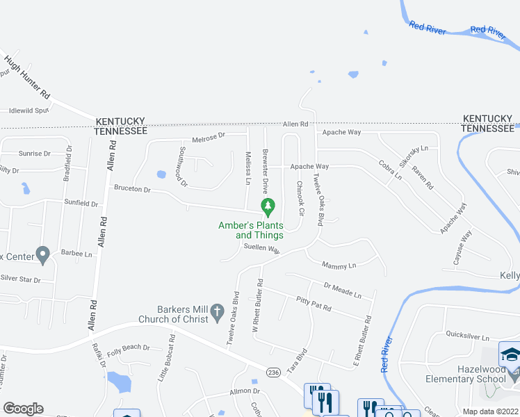 map of restaurants, bars, coffee shops, grocery stores, and more near 1477 Bruceton Drive in Clarksville