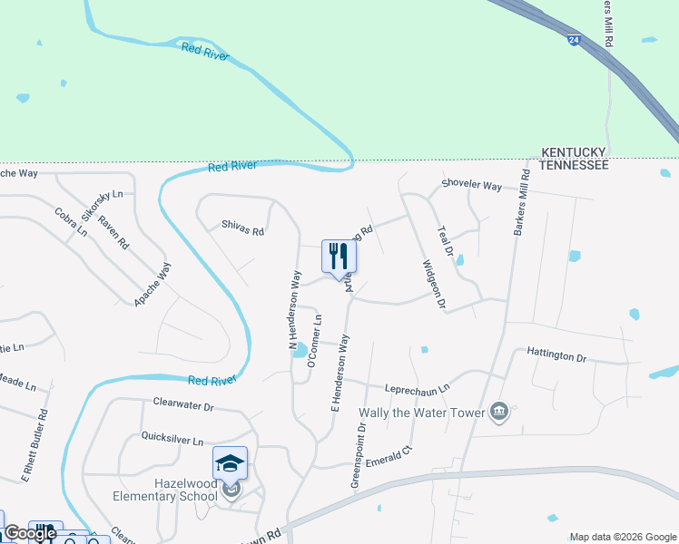 map of restaurants, bars, coffee shops, grocery stores, and more near 2603 Limerick Lane in Clarksville