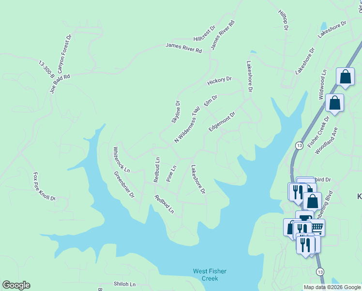 map of restaurants, bars, coffee shops, grocery stores, and more near 4 North Wilderness Trail in Kimberling City