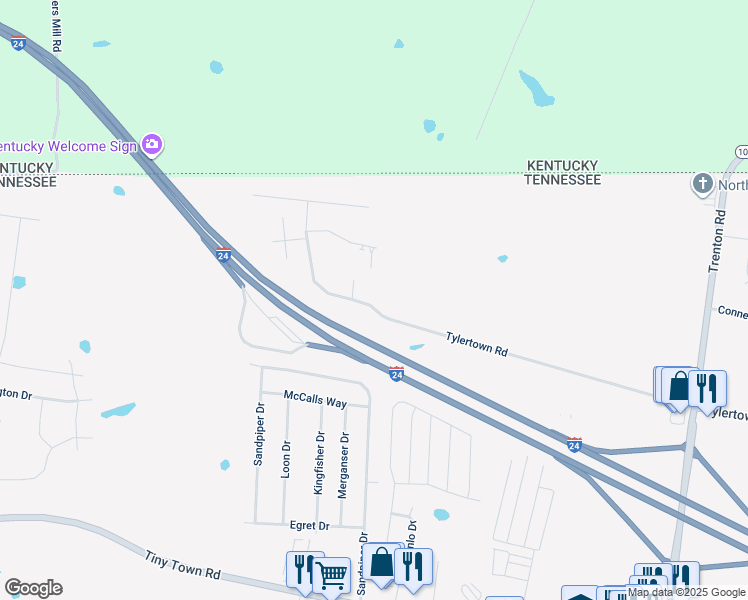 map of restaurants, bars, coffee shops, grocery stores, and more near 1509 Tylertown Road in Clarksville