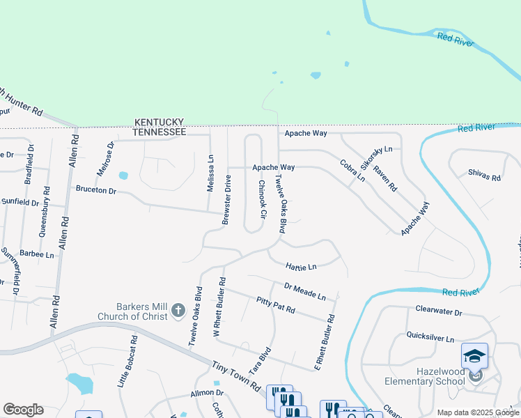 map of restaurants, bars, coffee shops, grocery stores, and more near 1144 Chinook Circle in Clarksville