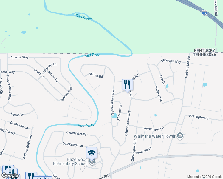 map of restaurants, bars, coffee shops, grocery stores, and more near 3366 North Henderson Way in Clarksville