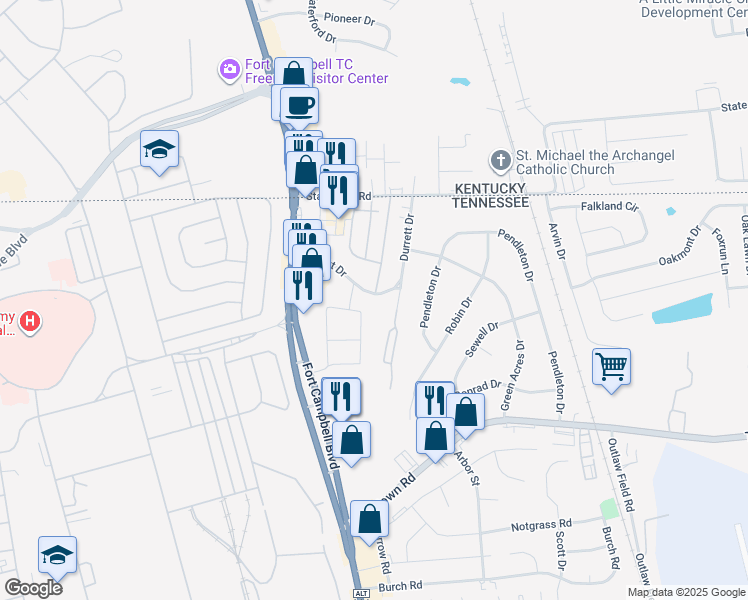 map of restaurants, bars, coffee shops, grocery stores, and more near 64 Durrett Drive in Clarksville
