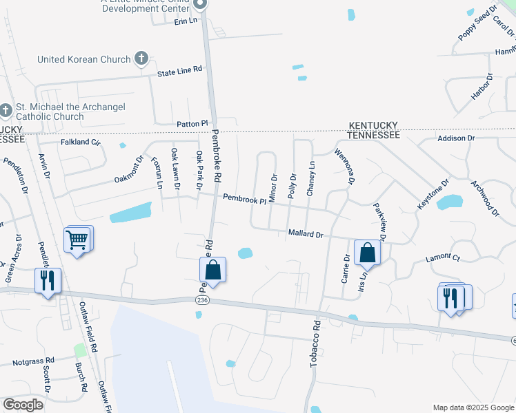 map of restaurants, bars, coffee shops, grocery stores, and more near 3391 Mallard Drive in Clarksville