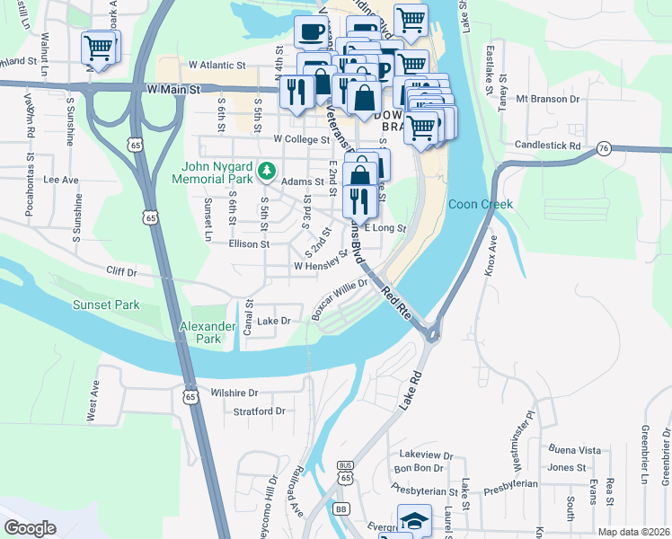 map of restaurants, bars, coffee shops, grocery stores, and more near 110 West Hensley Street in Branson