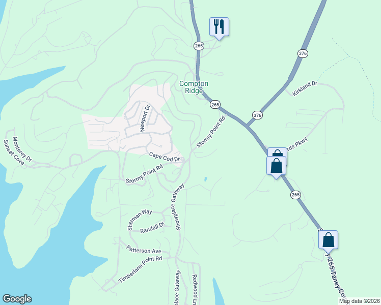map of restaurants, bars, coffee shops, grocery stores, and more near 79 Stormy Point Road in Branson