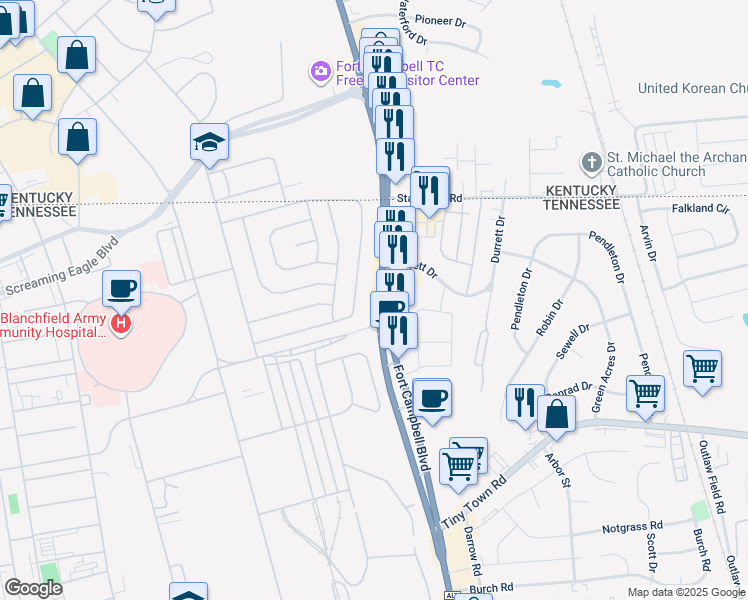 map of restaurants, bars, coffee shops, grocery stores, and more near 3324-3462 Fort Campbell Blvd in Clarksville