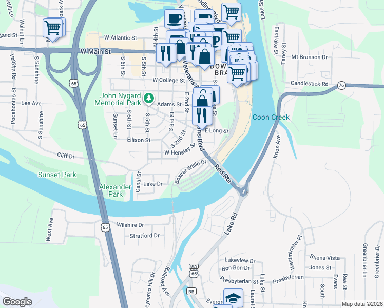 map of restaurants, bars, coffee shops, grocery stores, and more near 110 West Hensley Street in Branson