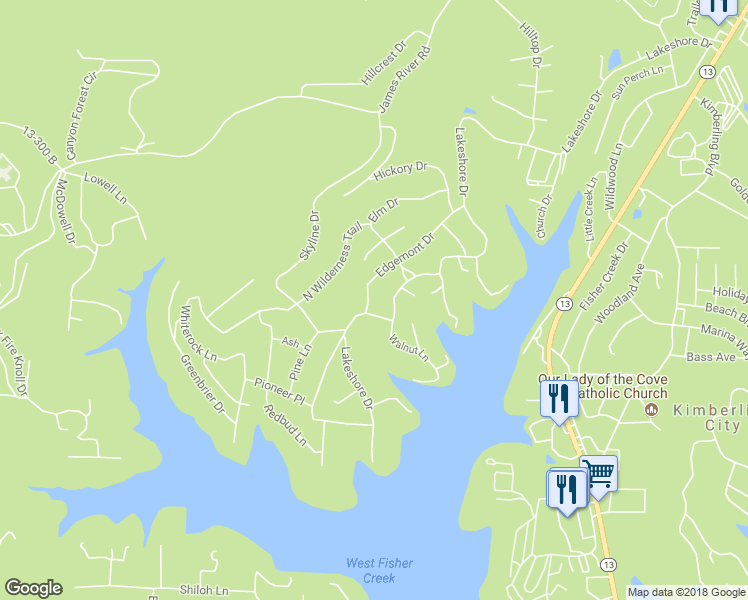 map of restaurants, bars, coffee shops, grocery stores, and more near 27 Edgemont Drive in Kimberling City