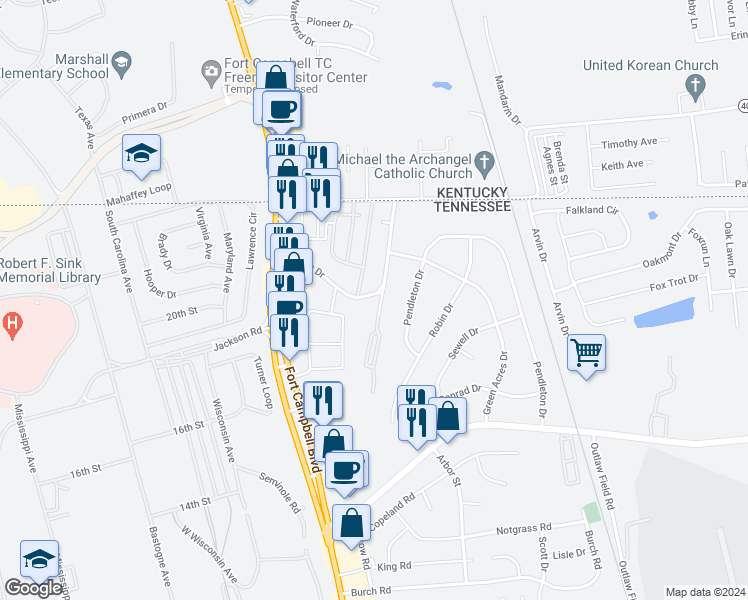 map of restaurants, bars, coffee shops, grocery stores, and more near 70 Durrett Drive in Clarksville