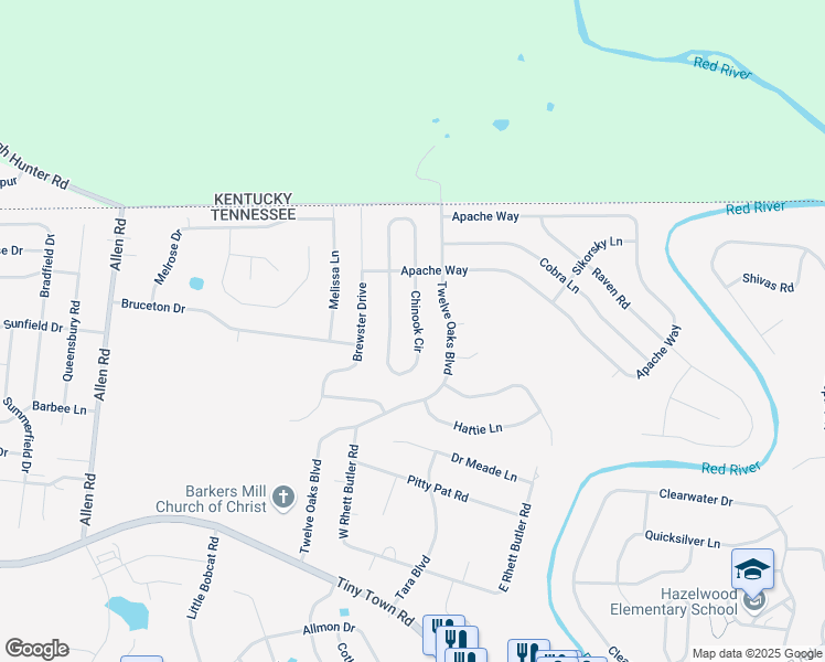 map of restaurants, bars, coffee shops, grocery stores, and more near 1140 Chinook Circle in Clarksville
