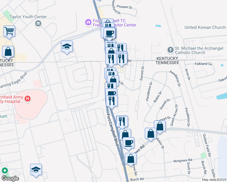 map of restaurants, bars, coffee shops, grocery stores, and more near 3315 Fort Campbell Boulevard in Clarksville