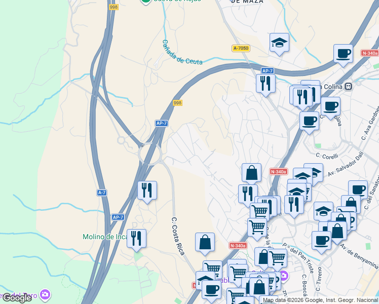 map of restaurants, bars, coffee shops, grocery stores, and more near 13A Calle las Velas in Torremolinos