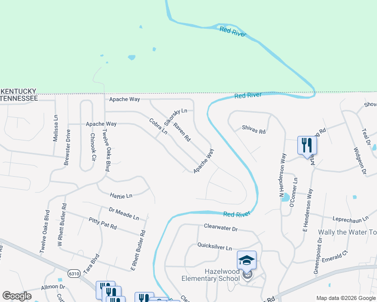 map of restaurants, bars, coffee shops, grocery stores, and more near 1482 Raven Road in Clarksville