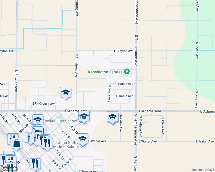 map of restaurants, bars, coffee shops, grocery stores, and more near 221 N Jonna Ave in Fowler