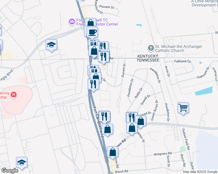 map of restaurants, bars, coffee shops, grocery stores, and more near 64 Durrett Drive in Clarksville
