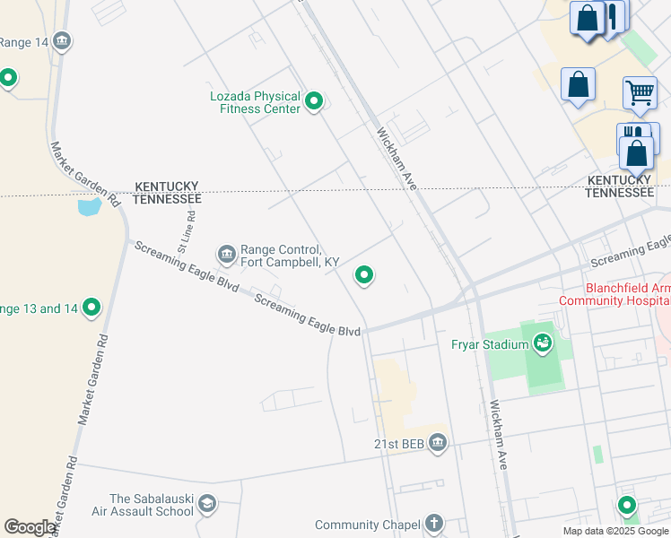 map of restaurants, bars, coffee shops, grocery stores, and more near A Shau Valley Road in Fort Campbell