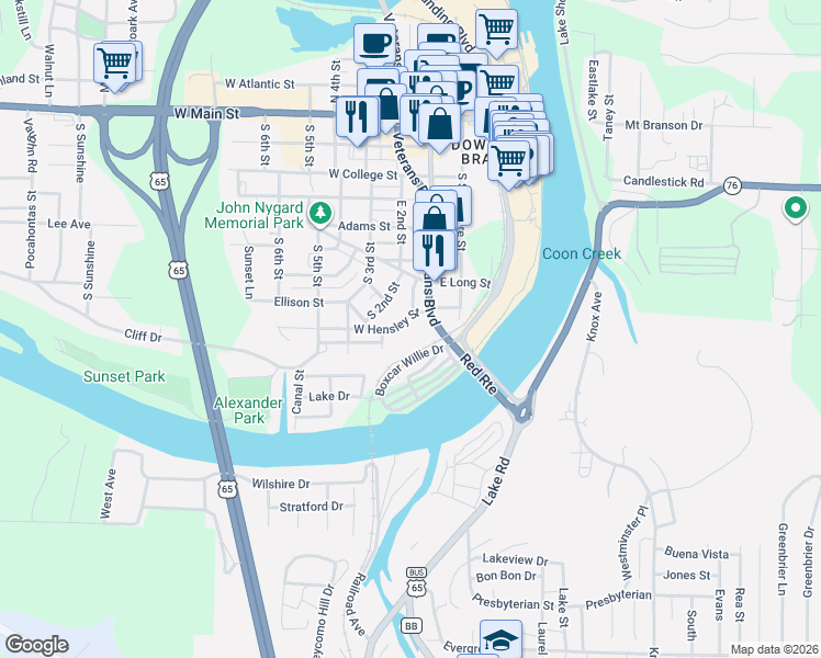 map of restaurants, bars, coffee shops, grocery stores, and more near 110 West Hensley Street in Branson