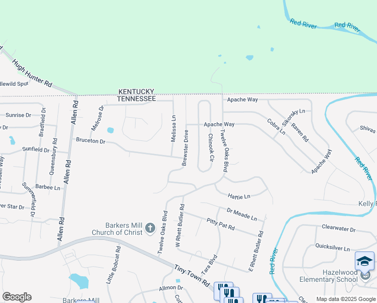 map of restaurants, bars, coffee shops, grocery stores, and more near 2913 Brewster Drive in Clarksville