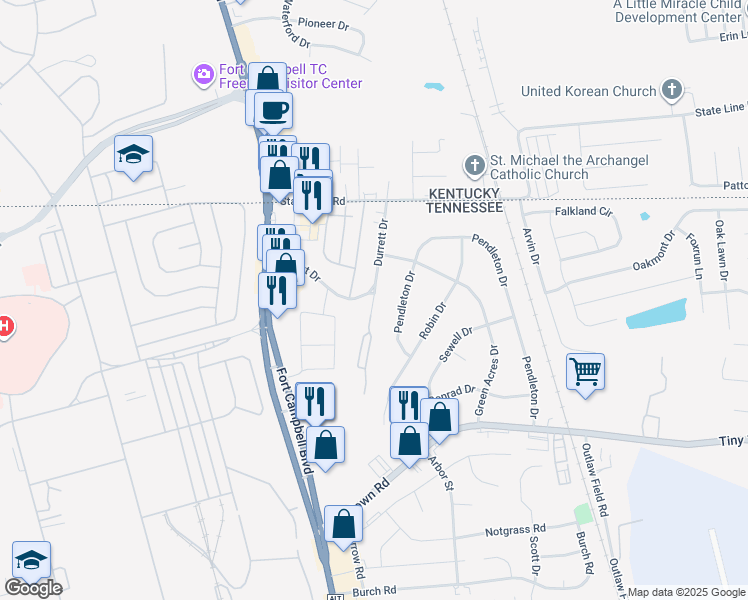 map of restaurants, bars, coffee shops, grocery stores, and more near 70 Durrett Drive in Clarksville