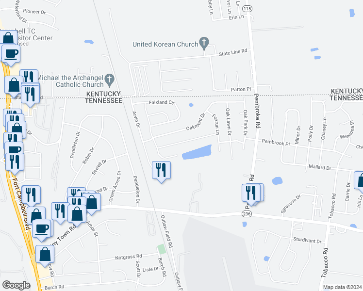 map of restaurants, bars, coffee shops, grocery stores, and more near 520 Fox Trot Drive in Clarksville