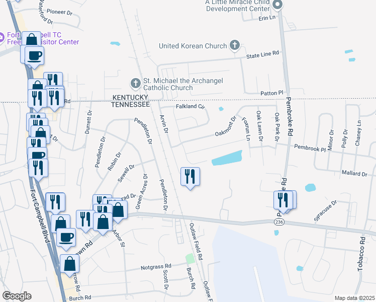 map of restaurants, bars, coffee shops, grocery stores, and more near 501 Fox Trot Drive in Clarksville