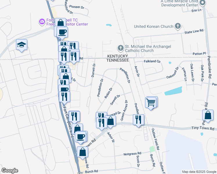 map of restaurants, bars, coffee shops, grocery stores, and more near 2248 Robin Drive in Clarksville