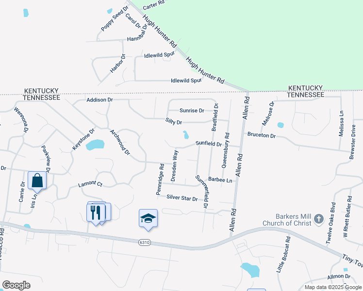 map of restaurants, bars, coffee shops, grocery stores, and more near 1313 Sunfield Drive in Clarksville