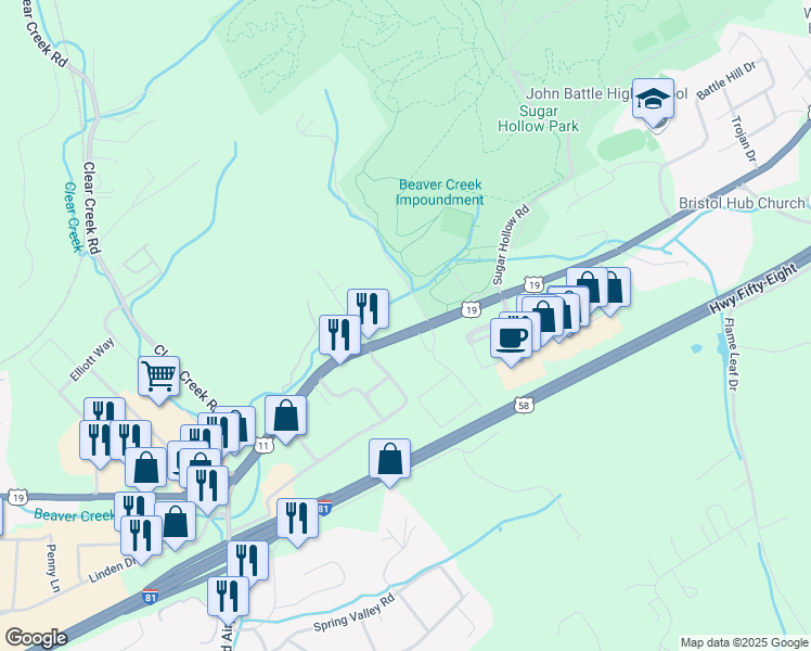 map of restaurants, bars, coffee shops, grocery stores, and more near 21371 Forsythe Road in Bristol