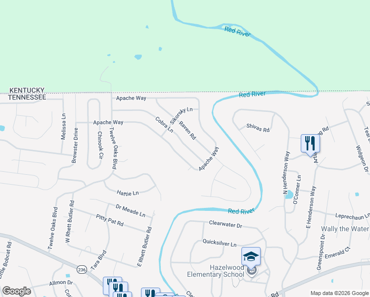 map of restaurants, bars, coffee shops, grocery stores, and more near 1562 Cobra Lane in Clarksville