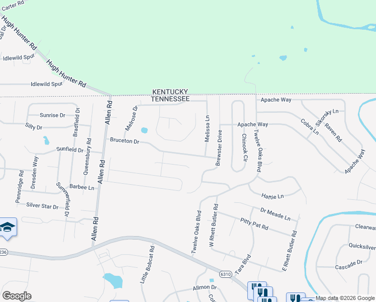 map of restaurants, bars, coffee shops, grocery stores, and more near 1441 Bruceton Drive in Clarksville