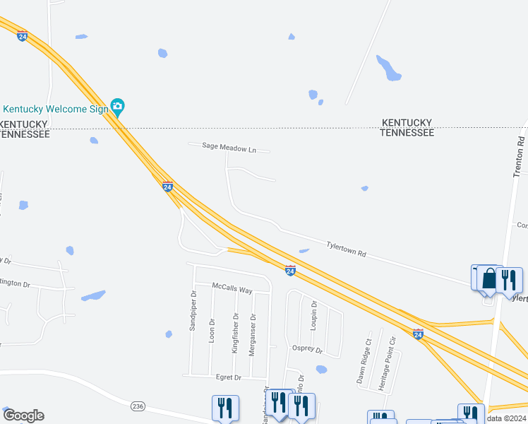 map of restaurants, bars, coffee shops, grocery stores, and more near 1515 Tylertown Road in Clarksville