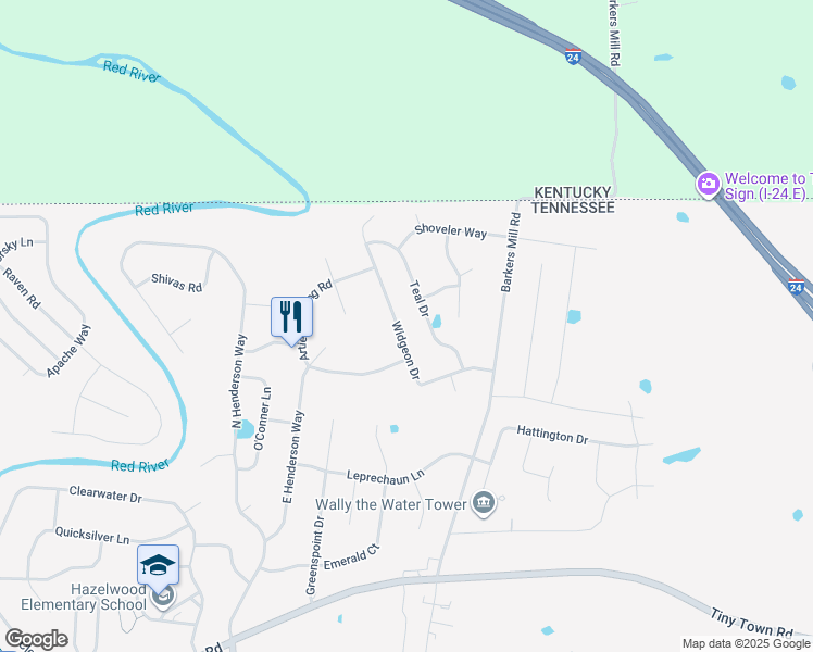 map of restaurants, bars, coffee shops, grocery stores, and more near 2453 Widgeon Drive in Clarksville